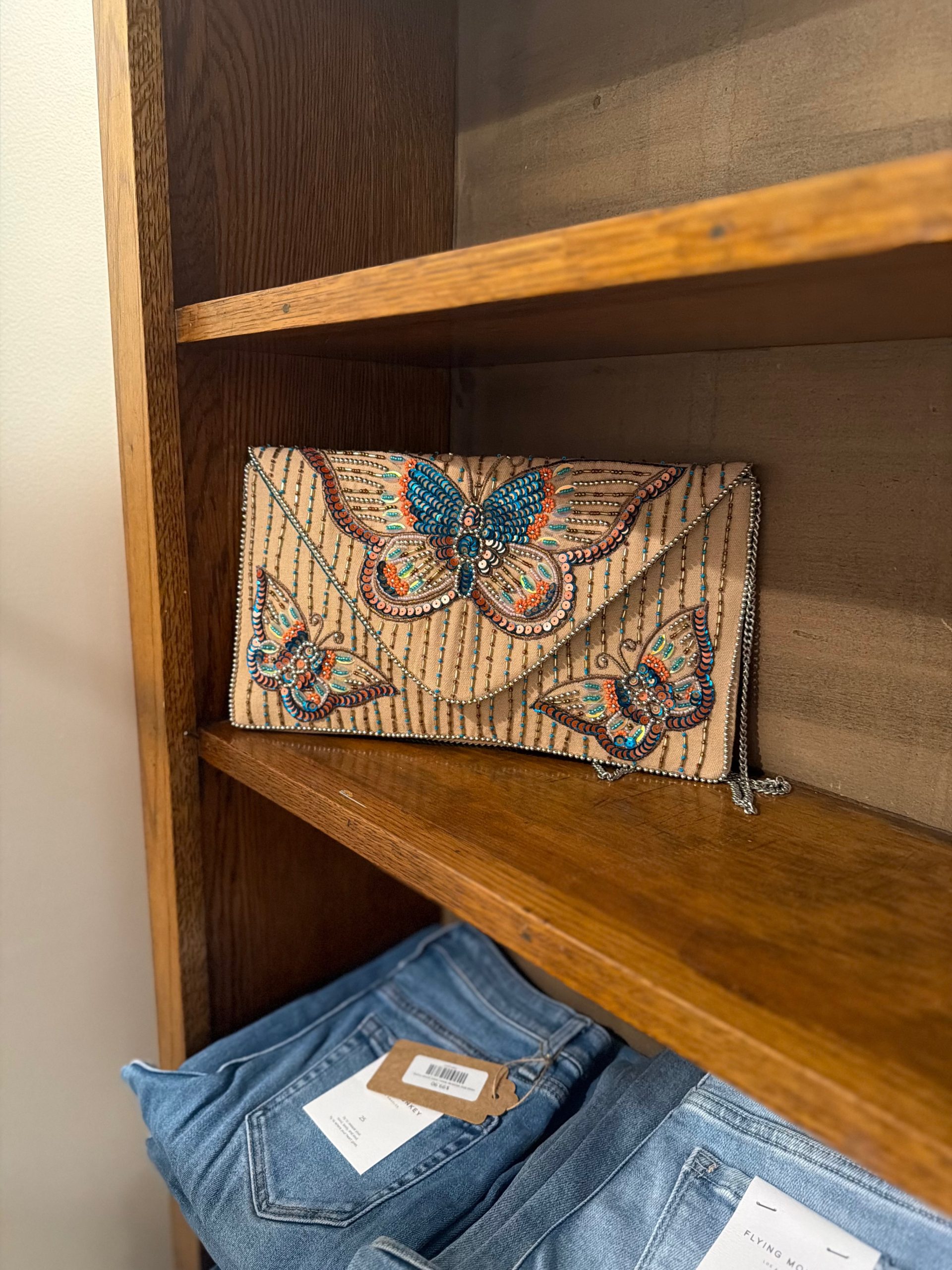 Beaded butterfly envelope clutch with sequin and beadwork detail